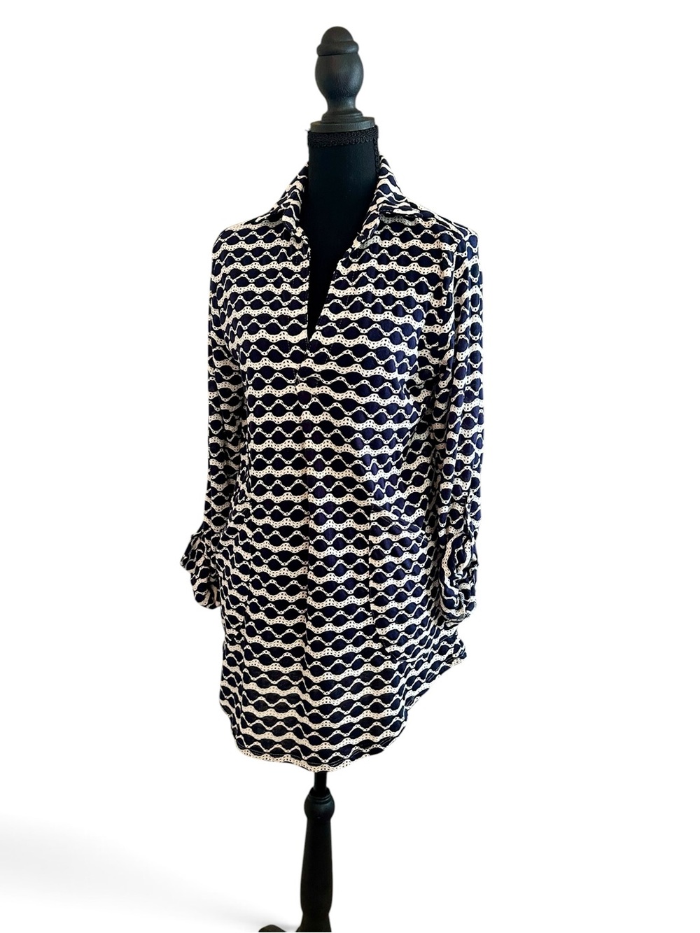 ForCynthia Beachwear Navy and White Scallop-Patterned Beachwear Top
